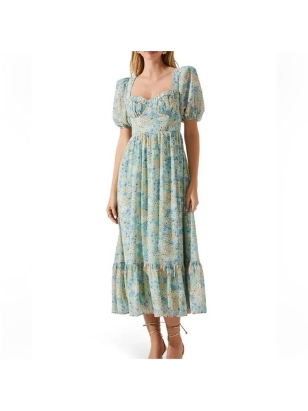 ASTR The Label Green Blue Floral Sweetheart Puff Sleeve Midi Dress